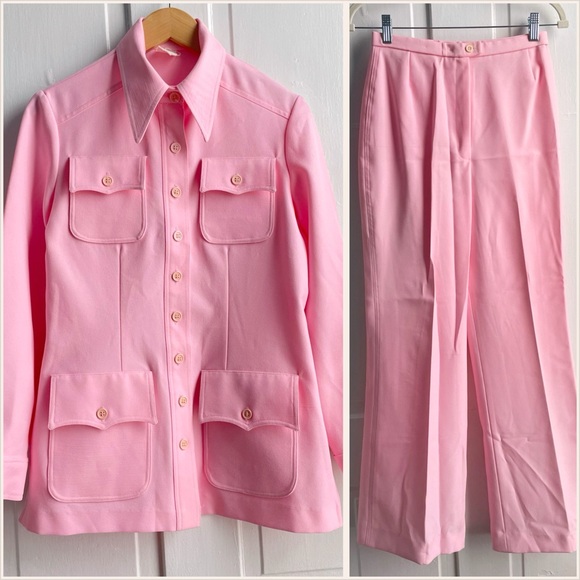 Vintage Pants - Vintage 70s Bubblegum Pink Dagger Collar Leisure Suit, 4-Pocket Jacket